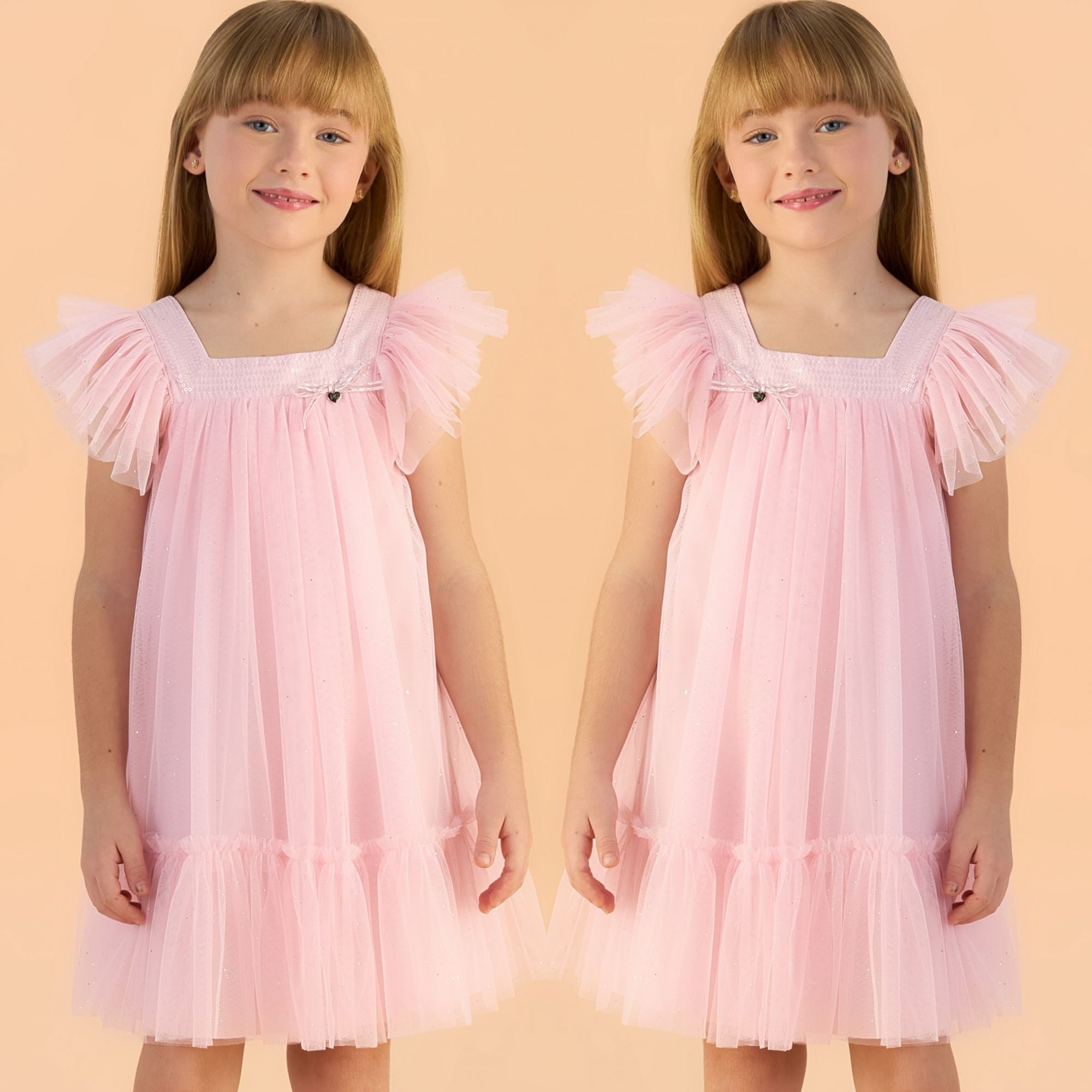 Vestido Infantil de Festa Petit Cherie Rosa Ombros Flutuantes  Lantejoulas Sobrep.Tule Brilho