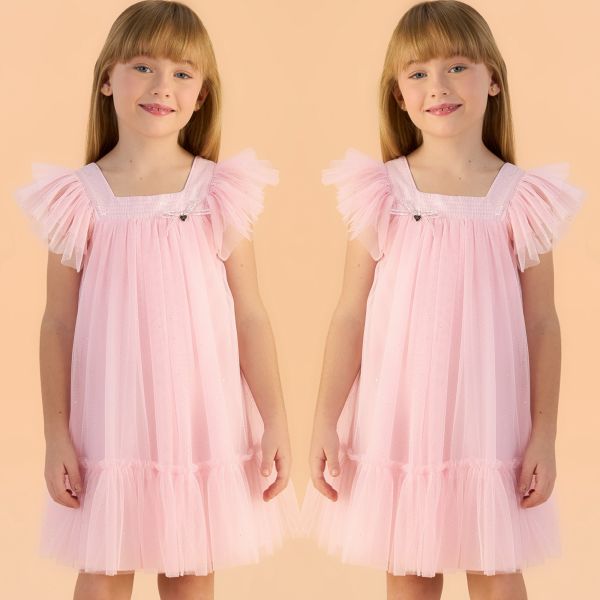 Vestido Infantil de Festa Petit Cherie Rosa Ombros Flutuantes  Lantejoulas Sobrep.Tule Brilho