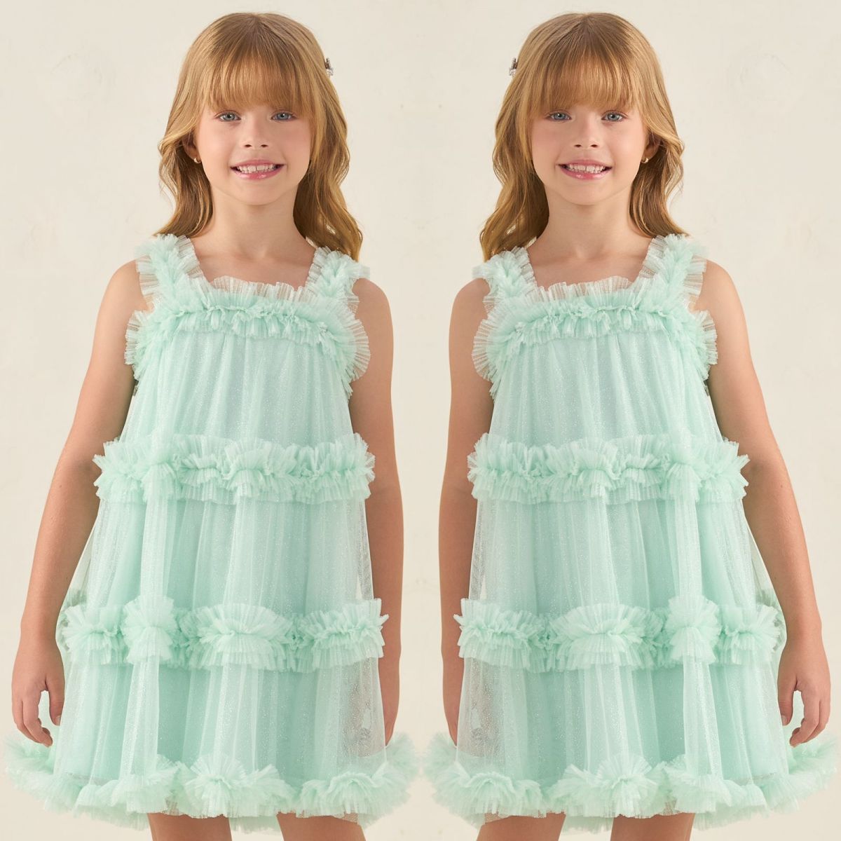 Vestido Infantil de Festa Petit Cherie Verde Pastel Sobrep. Tule Brilho Alça Frufru