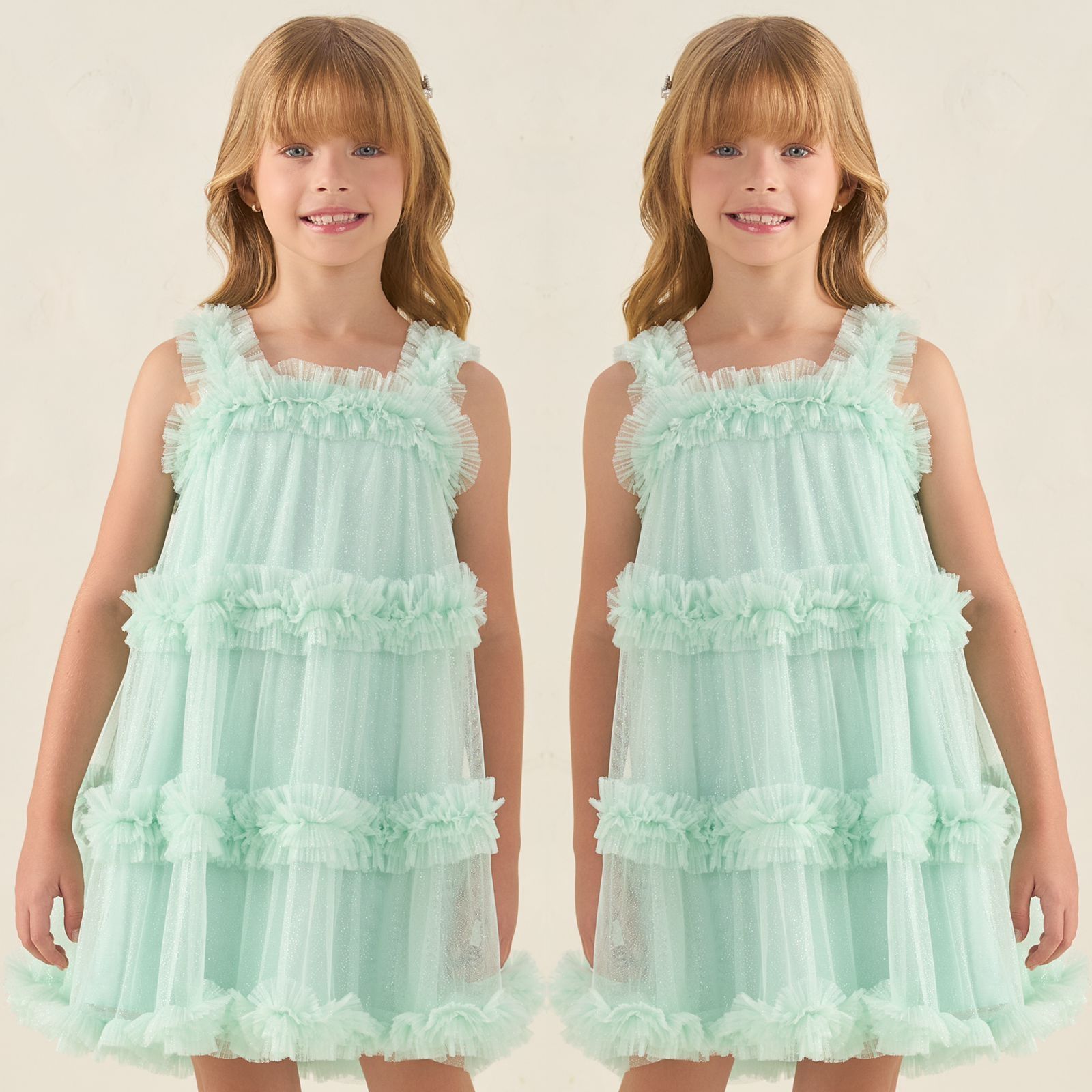 Vestido Infantil de Festa Petit Cherie Verde Pastel Sobrep. Tule Brilho Alça Frufru