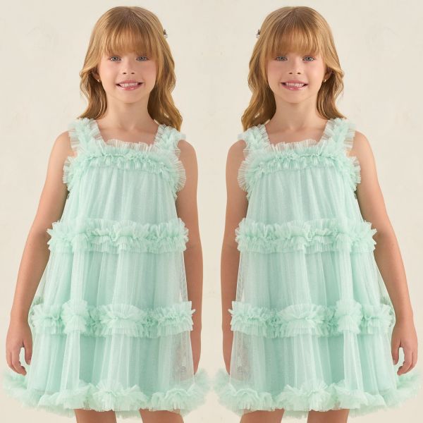 Vestido Infantil de Festa Petit Cherie Verde Pastel Sobrep. Tule Brilho Alça Frufru