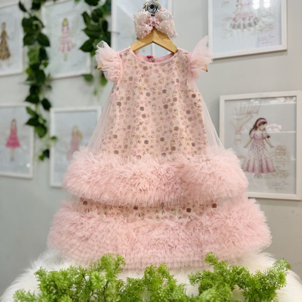 Vestido Infantil De Festa Pituchinhus Floral  Sobrep. Tule Algodão Frufru Rosa Babados