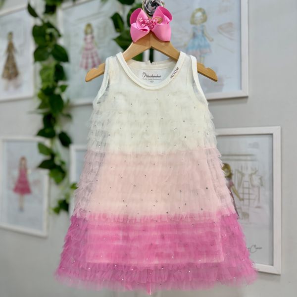 Vestido Infantil De Festa Pituchinhus Off White Sobrep Tule Colorido Camadas Strass Babados Degradê