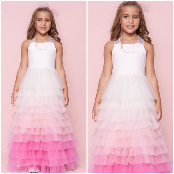 Vestido Infantil De Festa Pituchinhus Off White Tule Colorido Degradê Aplicações Strass Alça Longo