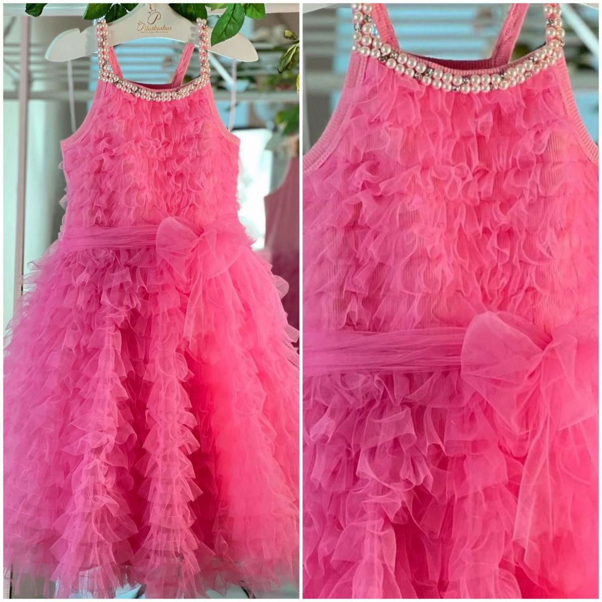 Vestido Infantil De Festa Pituchinhus Pink Canelado Sobrep. Tule Babados Alça Fina Pérolas Strass