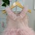 Vestido Infantil De Festa Pituchinhus Rosê Sobrep. Tule Frufru Babados Degradê Gola Em Tule e Strass