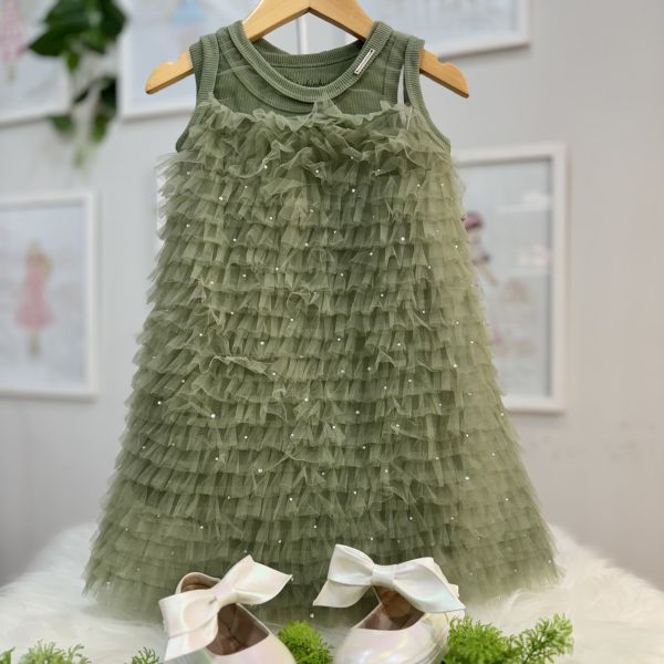 Vestido Infantil De Festa Pituchinhus Verde Juniper Sobrep. Tule Frufru Babados Strass 