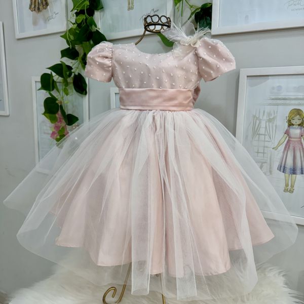 Vestido Infantil De Luxo Kopela Rosê Sobrep.Tule Poá Aplic.Broche Floral Laço