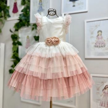 Vestido Infantil de Tule em Camadas Degradê Off White e Rosa com Flor na Cintura Bambollina