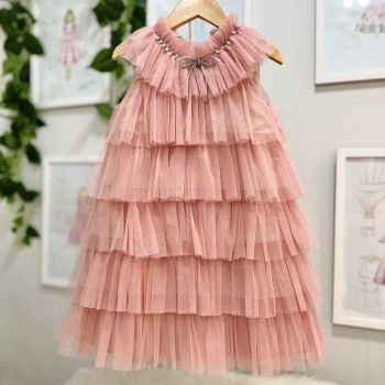 Vestido Infantil de Tule em Camadas Rosé com Pedrarias e Brilho Bambollina