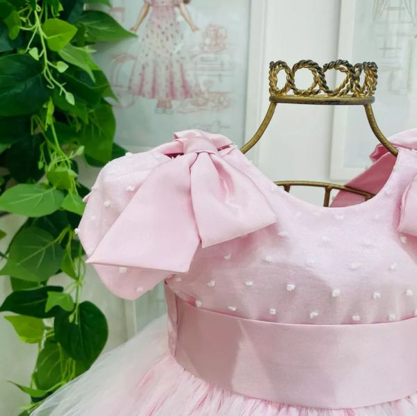 Vestido De Festa Infantil Dois Laços Rosa Com Tule Branco Kopela Na ...