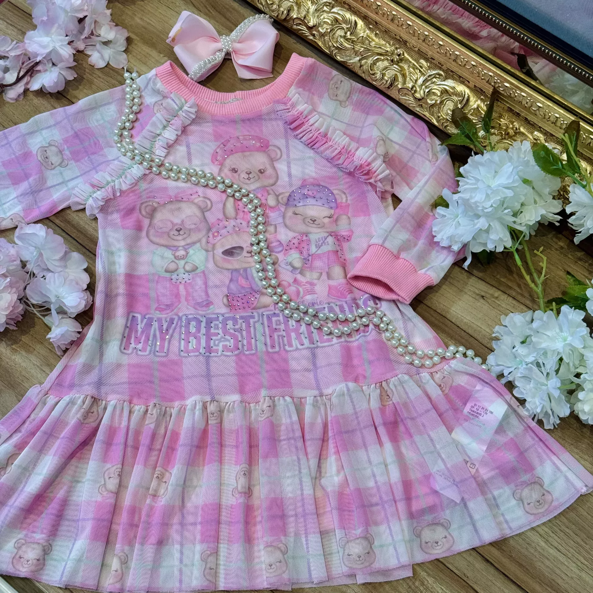 Vestido Infantil Duas Peças Petit Cherie Rosa Xadrez Estampa Ursinhas Strass