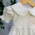 Vestido Infantil Feminino Off-White Bordado Corações Manga Bufante Gola Boneca