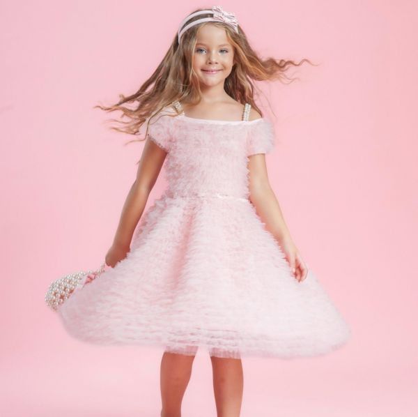 Vestido Infantil Festa Luxo Pituchinhus Rosa Alça Dupla Pérolas Strass Sobrep.Tule Frufru Cinto Laço