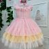 Vestido Infantil Festa Petit Cherie Rosa Aplic.Lantejoulas e Frufru Tule Brilho Off White e Amarelo