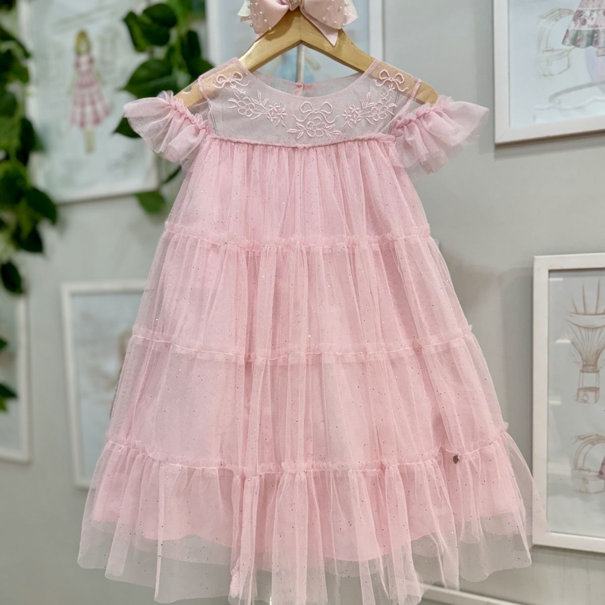 Vestido Infantil Festa Petit Cherie Rosa  Sobrep.Tule Brilho Bordado Floral Ombro Tule Transparente