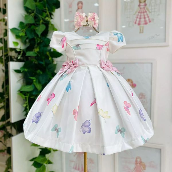 Vestido Infantil Kopela Em Zibeline Off White Borboletas Com Laços Rosé ...