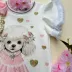 Vestido Infantil Kukiê Off-White Cachorrinha Corações Strass Manga Flutuante Tule