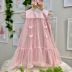 Vestido Infantil Kukiê Rosa Pastel Em Tule Aplicação Flores e Borboletas Strass e Pérolas Babados