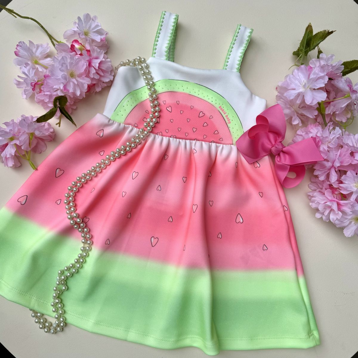 Vestido Infantil Kukiê Verde Melancia com Strass Alcinha Bordada