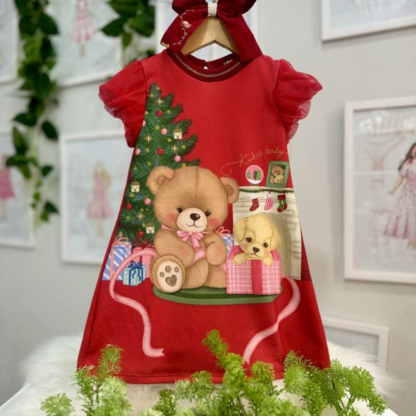 Vestido Infantil Kukiê Vermelho Manga Tule Gola Fio Dourado Ursinho Natalino