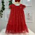 Vestido Infantil Kukiê Vermelho Sobrep. Tule Manga Tule Babados Laço Strass 