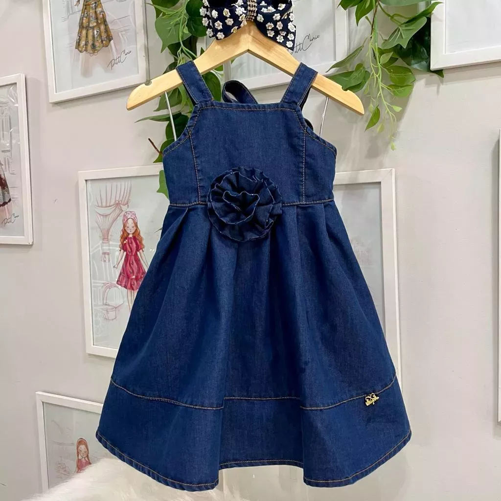 Vestido Infantil Luluzinha Jeans Escuro com Aplicação de Flor