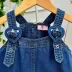 Salopete Infantil Luluzinha Jeans Escuro Trapézio Alça Ajustável Feixe Coração