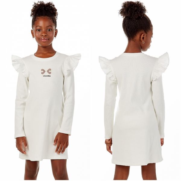 Vestido Infantil Luluzinha Off-White Canelado Manga Longa Babado Corações Telados