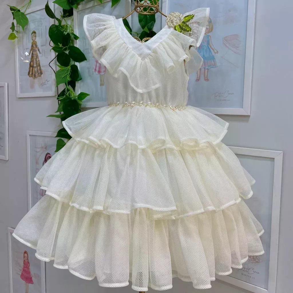 Vestido Infantil de Festa Luluzinha Off-White em Camadas de Tule Bordado com Miçangas e Strass