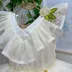 Vestido Infantil de Festa Luluzinha Off-White em Camadas de Tule Bordado com Miçangas e Strass