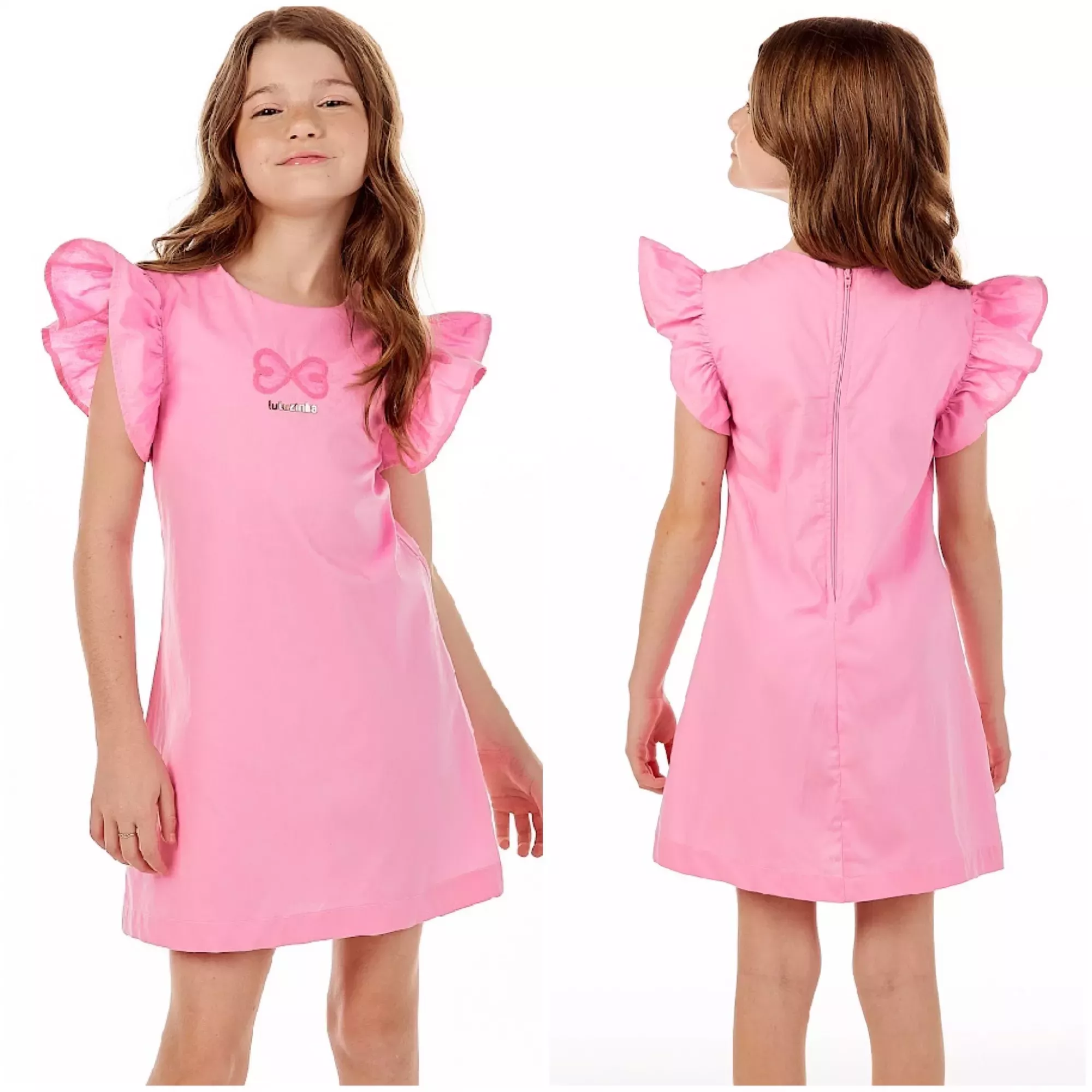 Vestido Infantil Luluzinha Rosa Linho Manga Babados Corações Telados