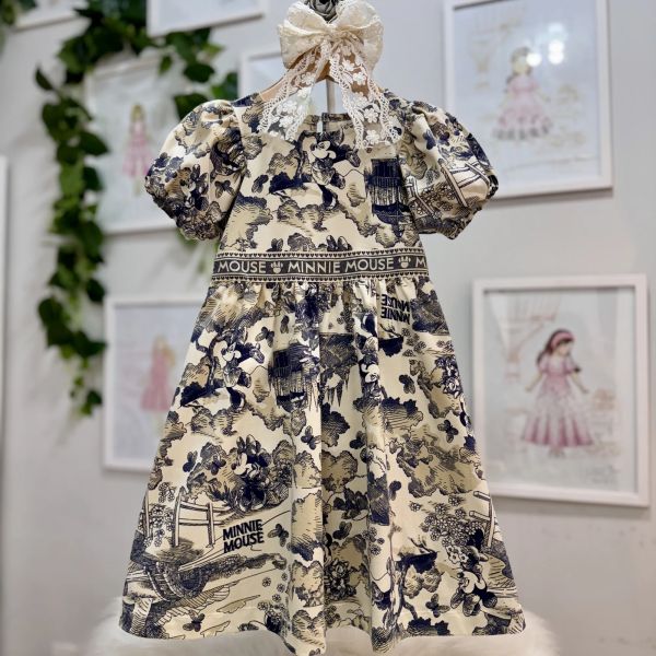 Vestido Infantil Manga Curta Disney Minnie Estampado Azul e Nude