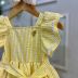 Vestido Infantil Momi Amarelo Manteiga Listras Off White Bordado Ombros Amarração Cintura Babados