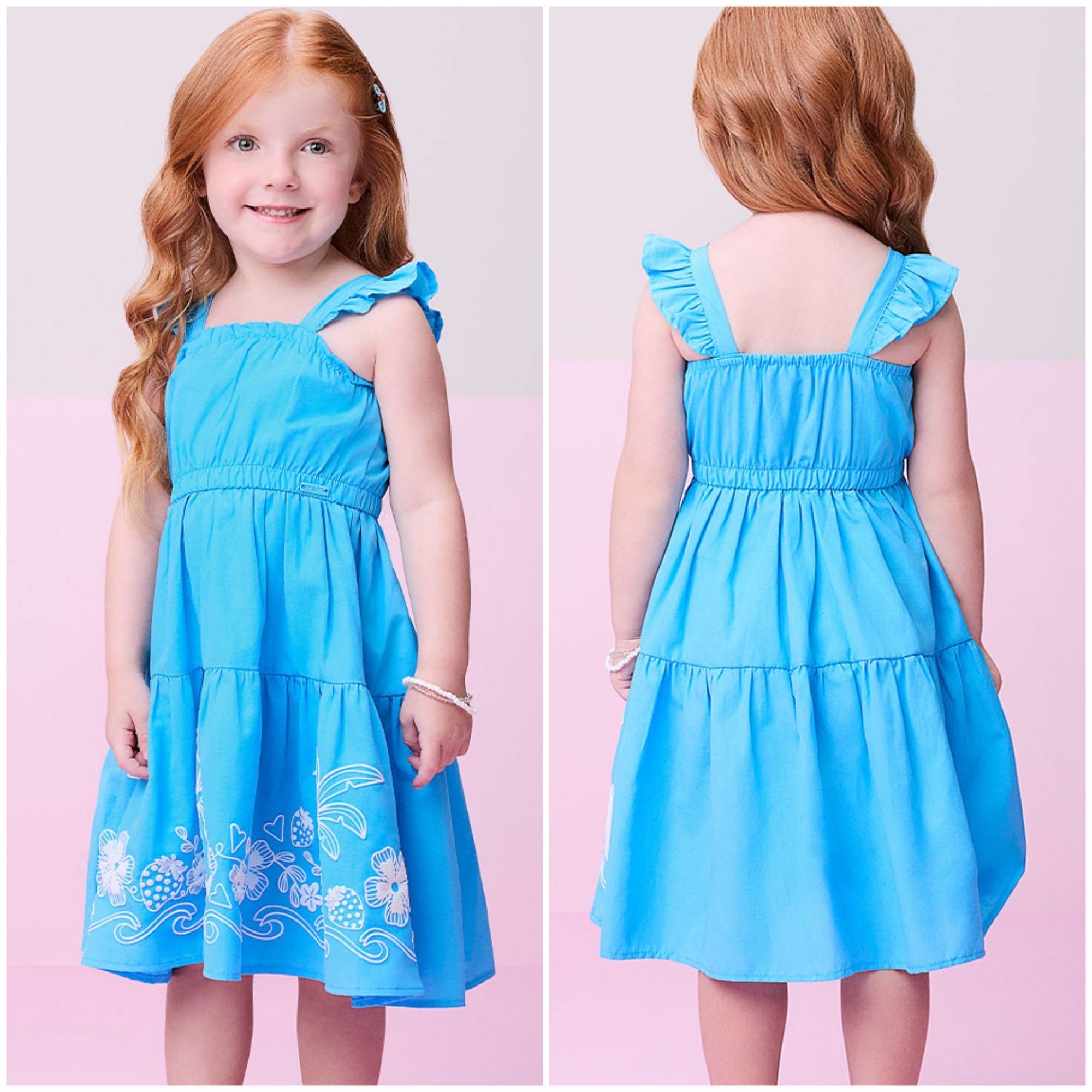 Vestido Infantil Momi Azul Alça Fina Babado Estampa Floral Branca Relevo Babados