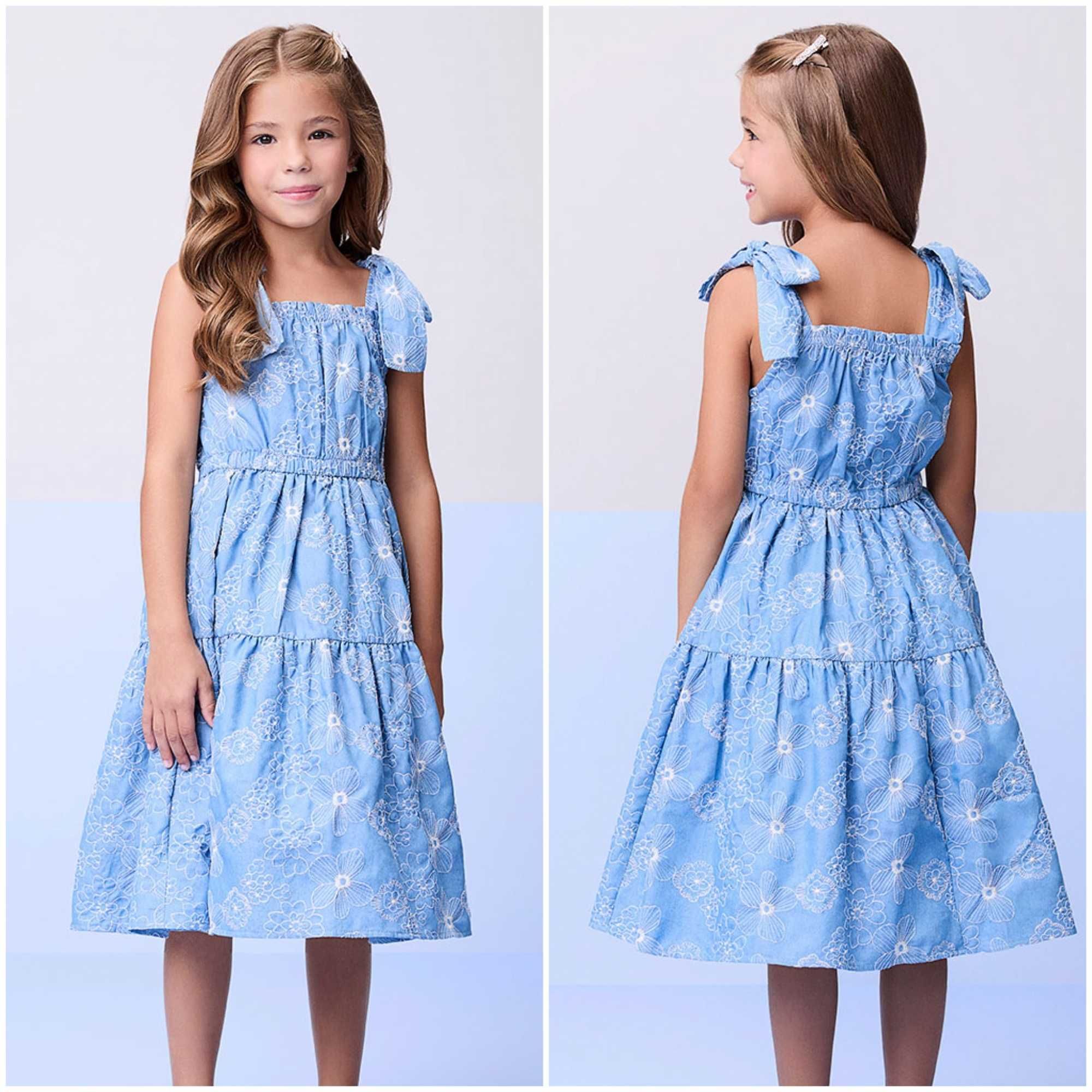 Vestido Infantil Momi Azul Celeste Bordado Flores Brancas Amarração Ombros 