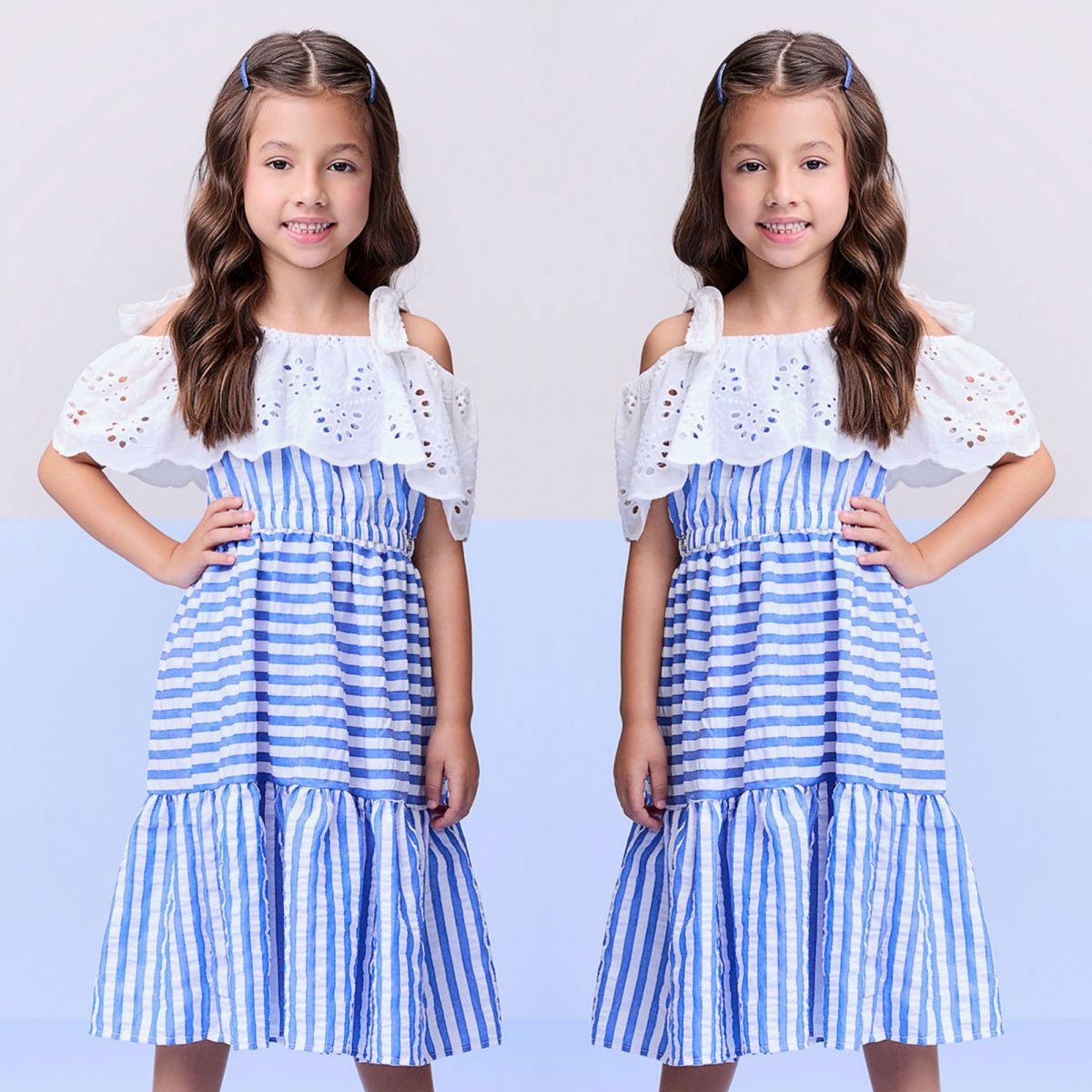 Vestido Infantil Momi Azul Cobalto/ Branco Listrado Babados Renda