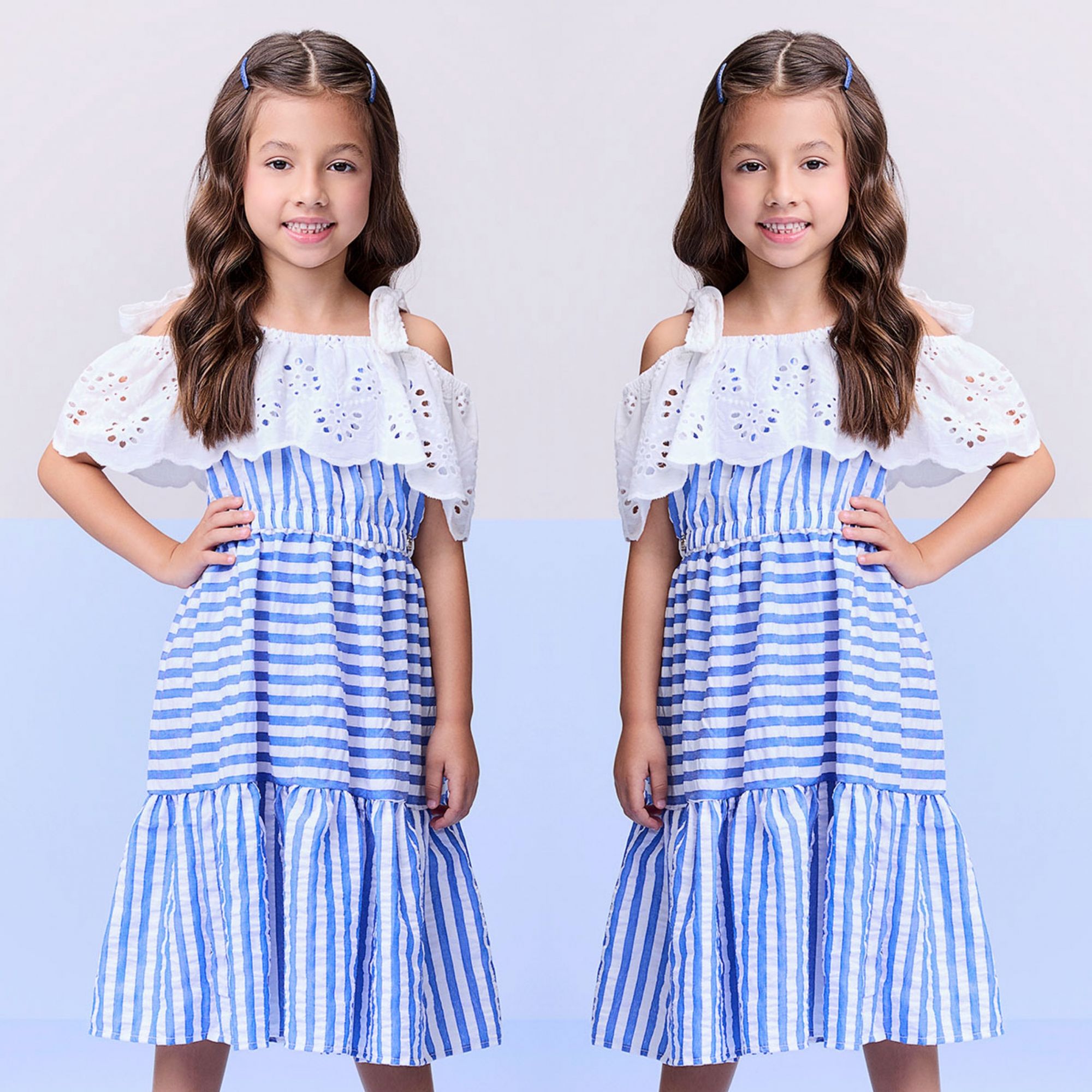 Vestido Infantil Momi Azul Cobalto/ Branco Listrado Babados Renda