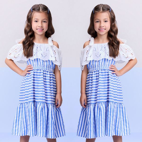 Vestido Infantil Momi Azul Cobalto/ Branco Listrado Babados Renda