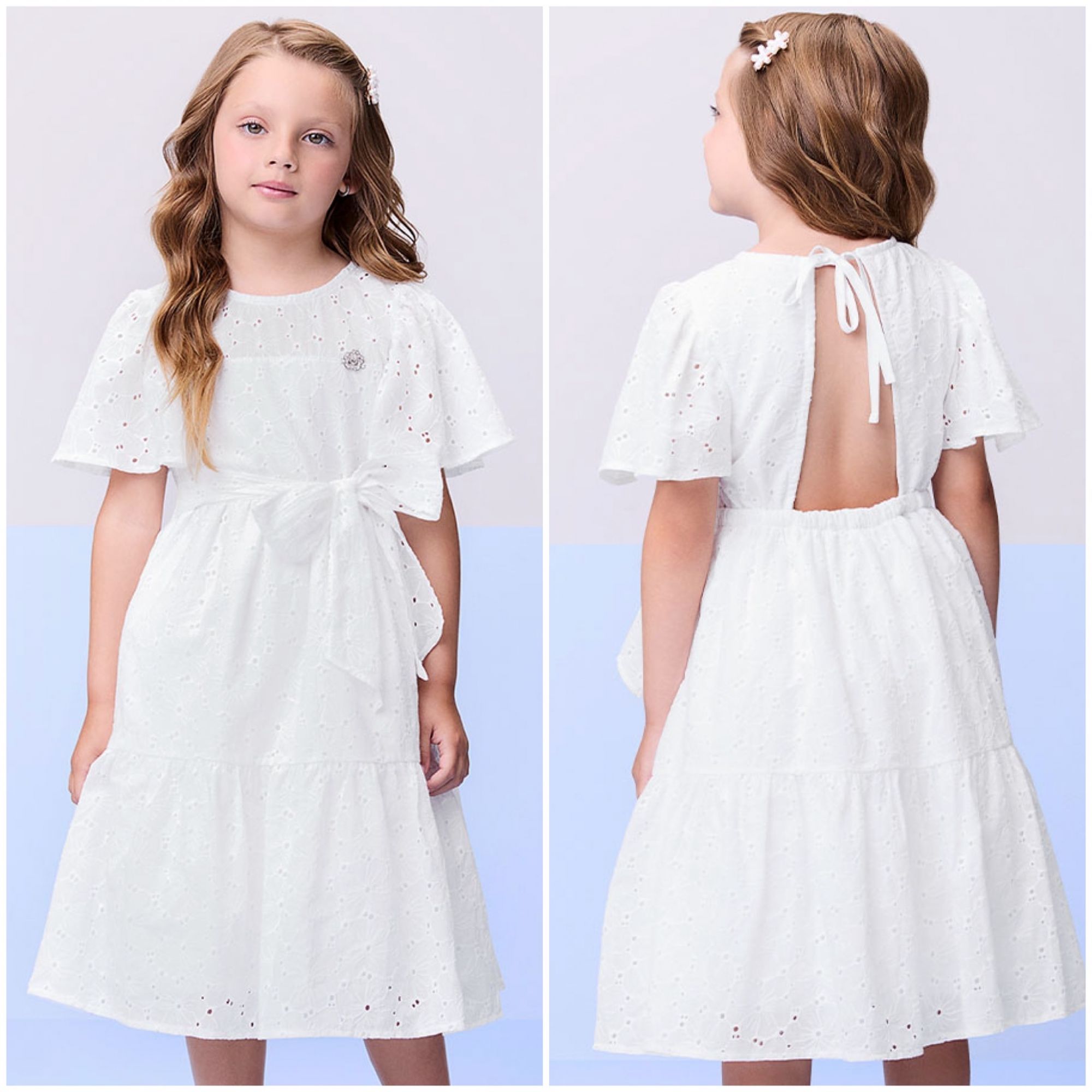 Vestido Infantil Momi Branco Laise Liso Amarração Cintura Abertura e Amarração Costas Strass Babados