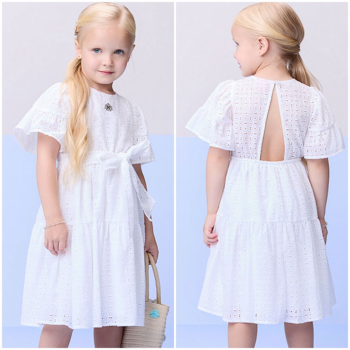 Vestido Infantil Momi Branco Laise Liso Amarração Cintura Abertura Triangular Costas Strass Central