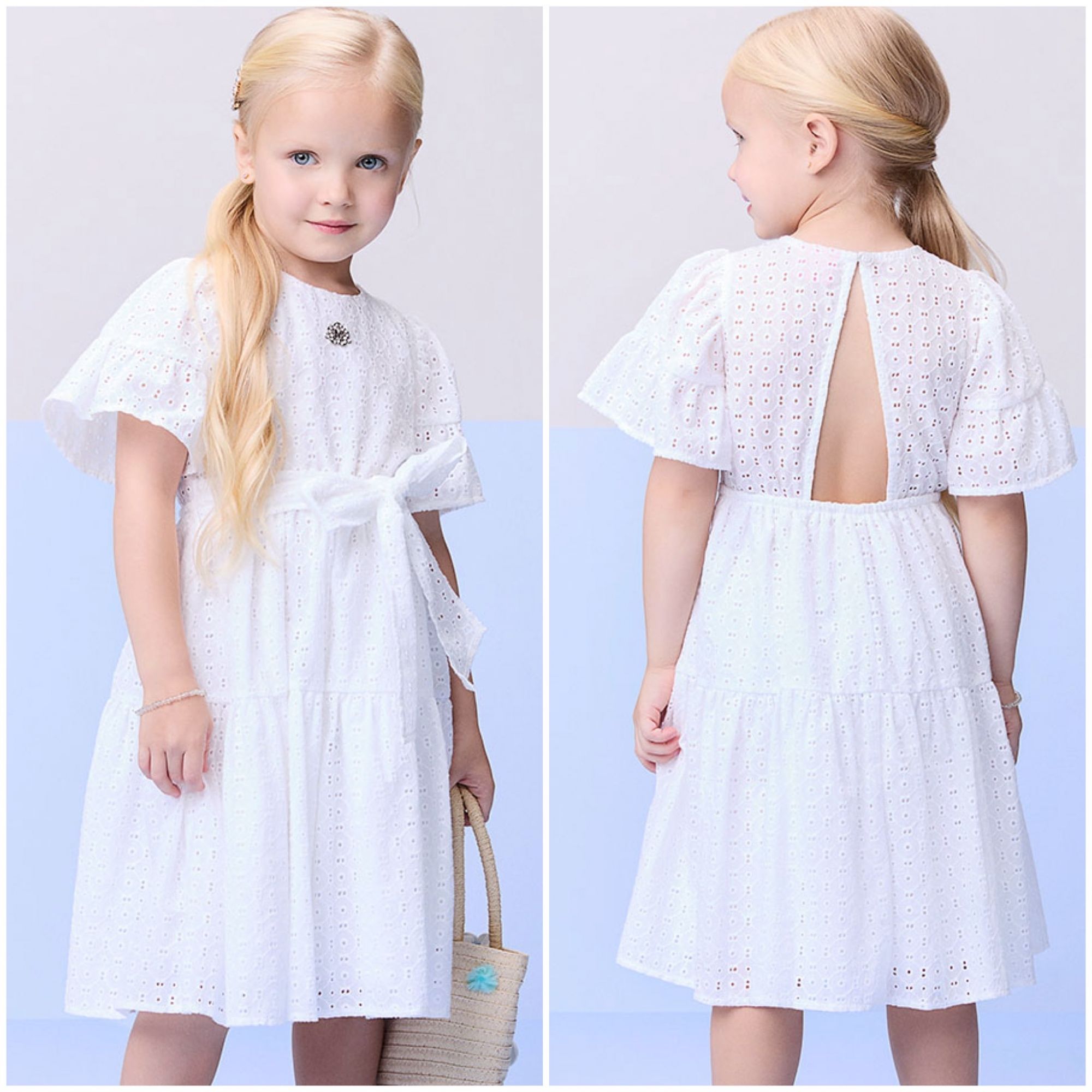 Vestido Infantil Momi Branco Laise Liso Amarração Cintura Abertura Triangular Costas Strass Central