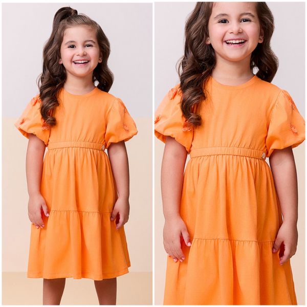 Vestido Infantil Momi Laranja Manga Balonê Aplique Flores