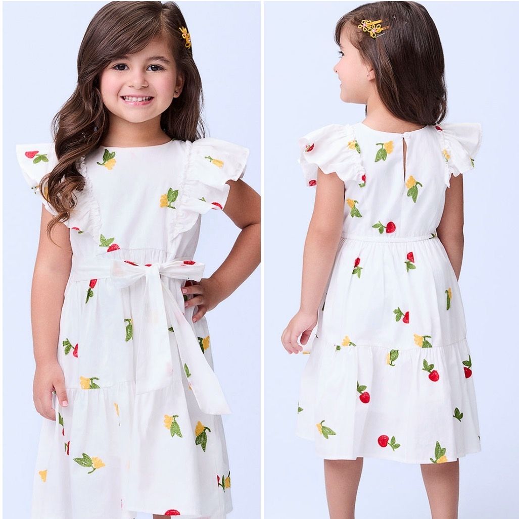 Vestido Infantil Momi Off White Bordado Cereja Flor Babados Amarração Cintura