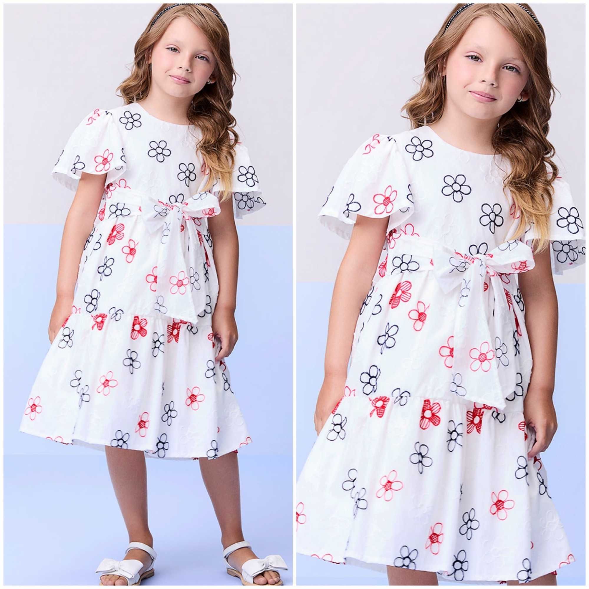 Vestido Infantil Momi Off White Bordado Flores Preta/Vermelha Tricoline Babados Amarrações Cintura 