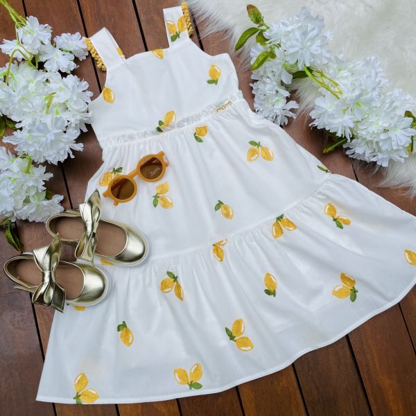 Vestido Infantil Momi Off-White Bordado Limões Alcinha com Franjas