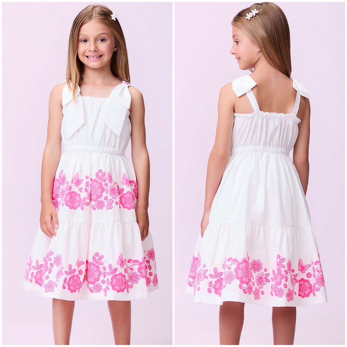 Vestido Infantil Momi Off-White Estampa Floral Manga Alcinha com Laço