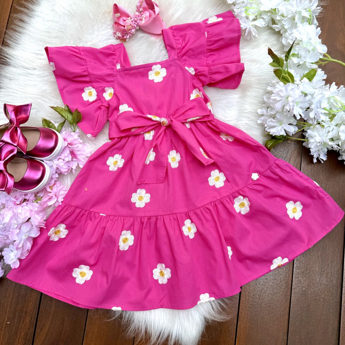 Vestido Infantil Momi Pink Bordado Flores