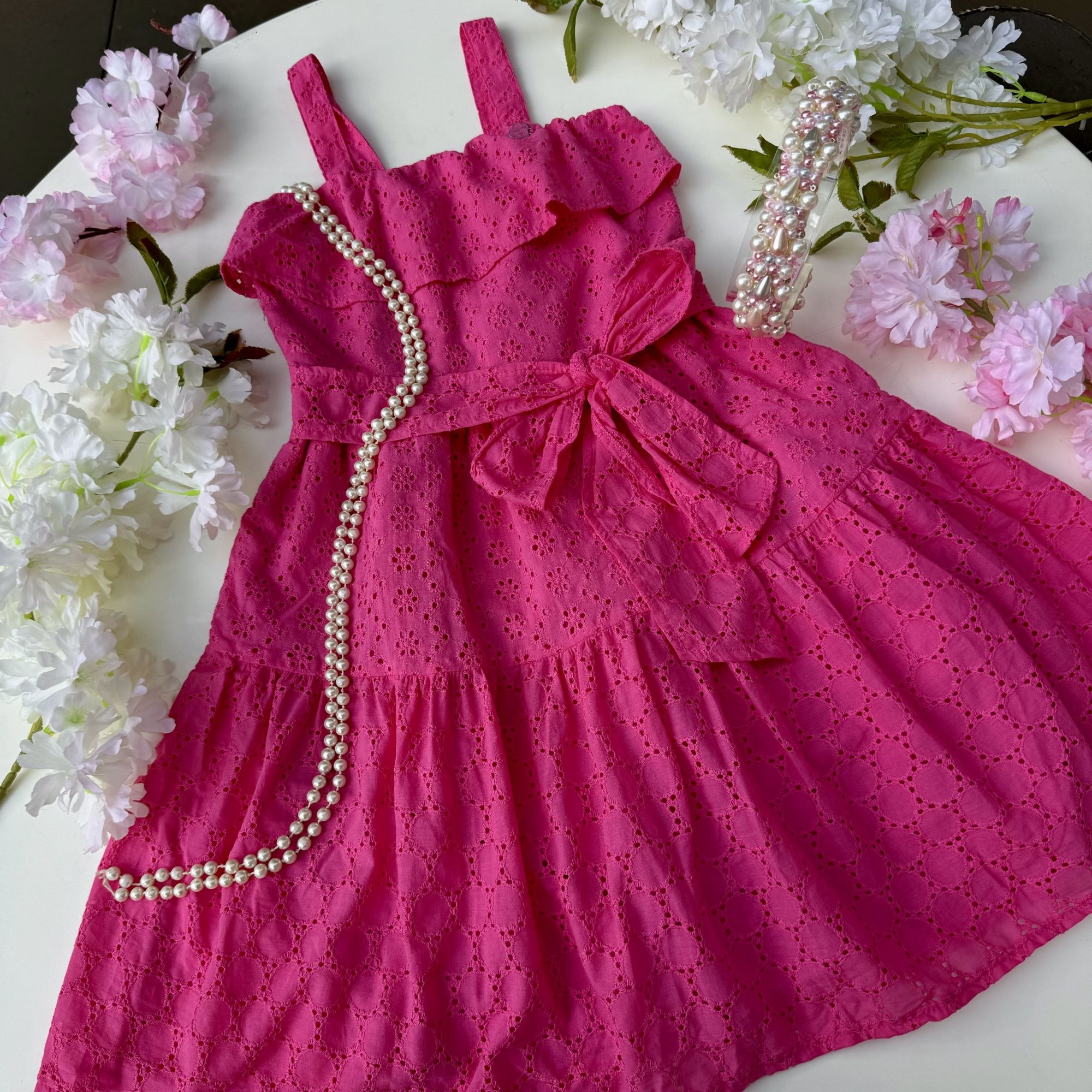 Vestido Infantil Momi Pink de Laise Babados Laço