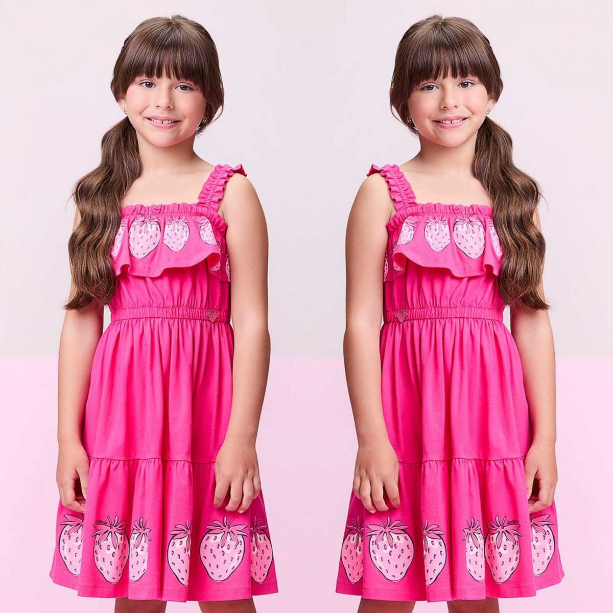 Vestido Infantil Momi Pink Morangos Alcinha e Babados